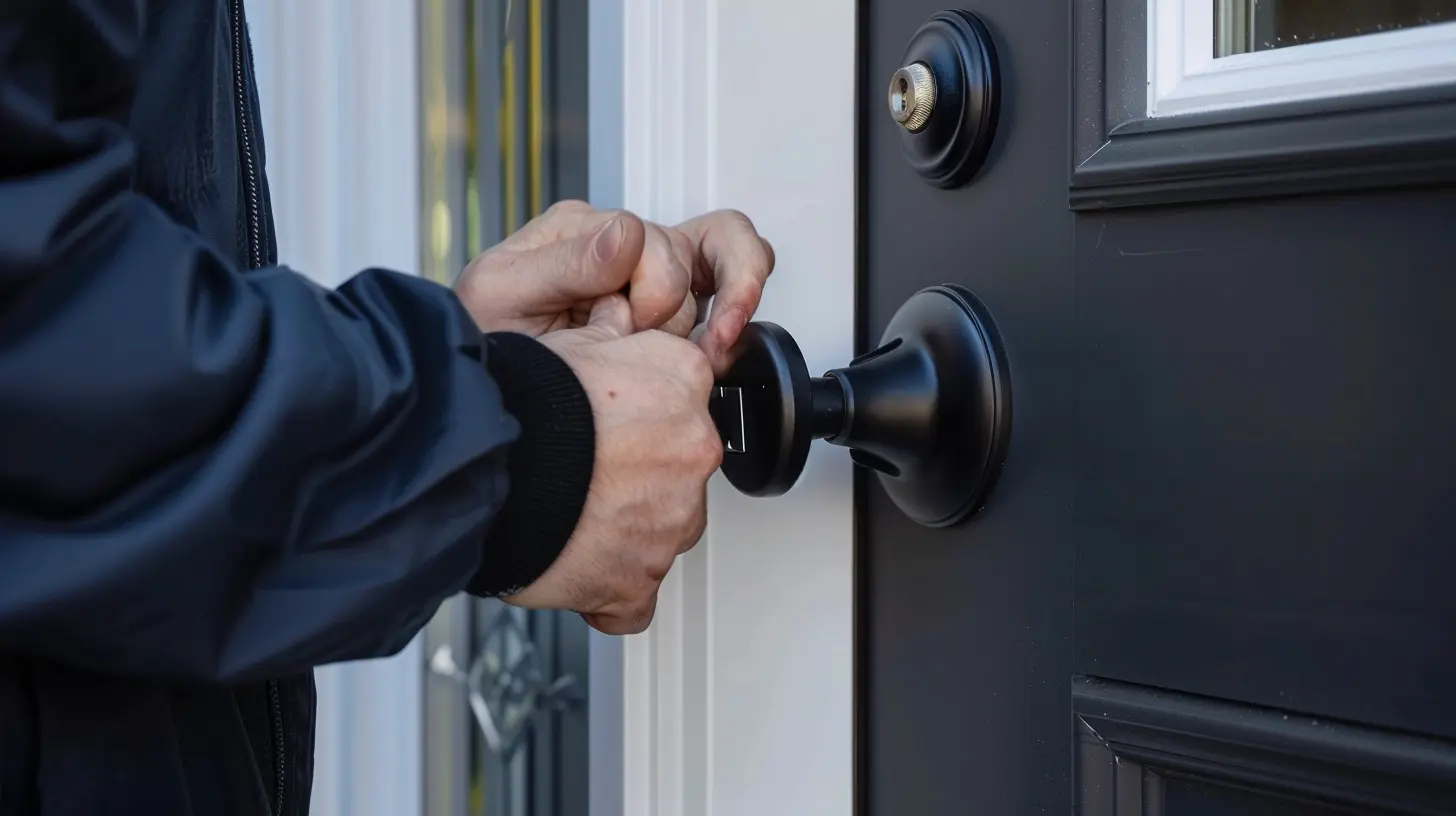 Close-up of a modern front door lock being tested for security