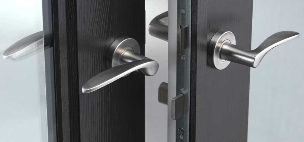 A professionally installed high security door lock on a residential front door